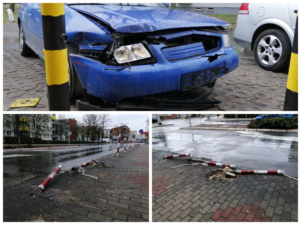 Ściął słupki przy 11 Listopada, porzucił rozbity samochód i uciekł [15.04.2020] - zdjęcie #1 - eOstroleka.pl