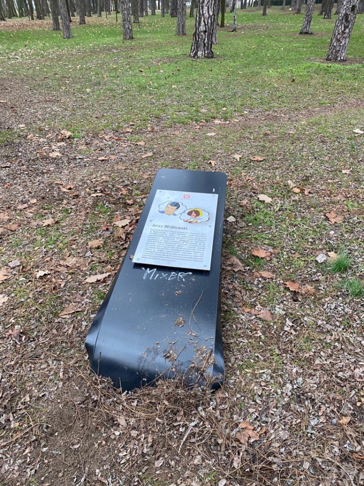 Szczyt głupoty! Ktoś ponownie zniszczył komiksowe tabliczki w parku miejskim [10.01.2023] - zdjęcie #1 - eOstroleka.pl