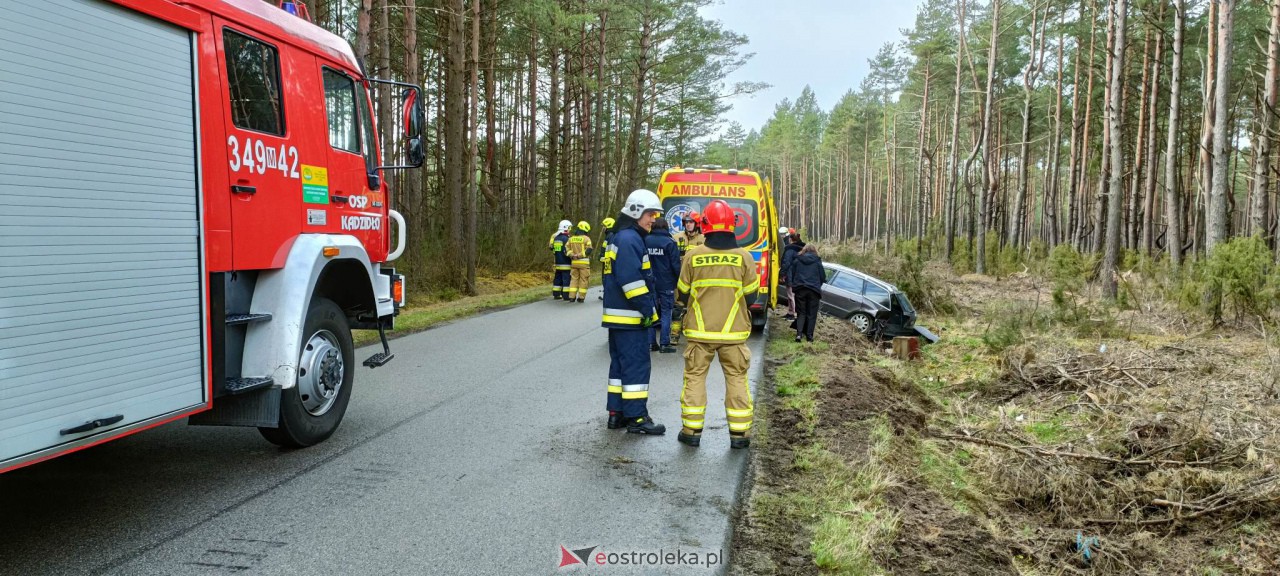 Wypadek na trasie Kadzidło - Gleba. Strażacy pomogli kobiecie wydostać się z rozbitego pojazdu [31.03.2023] - zdjęcie #1 - eOstroleka.pl