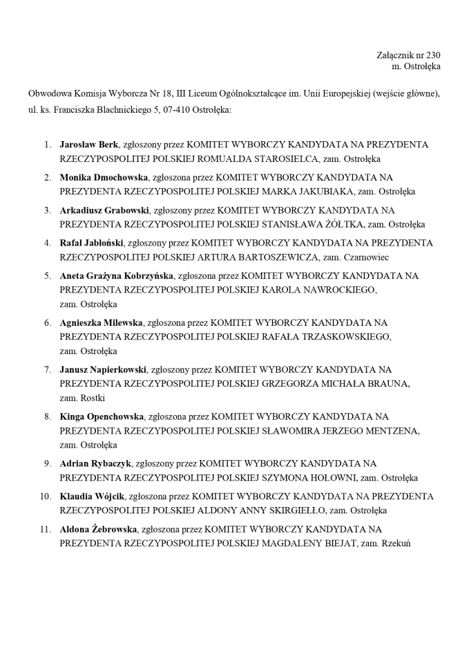 Wybory prezydenckie 2025. Skład obwodowych komisji wyborczych - zdjęcie #12 - eOstroleka.pl