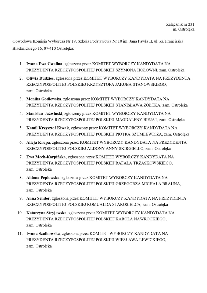 Wybory prezydenckie 2025. Skład obwodowych komisji wyborczych - zdjęcie #11 - eOstroleka.pl