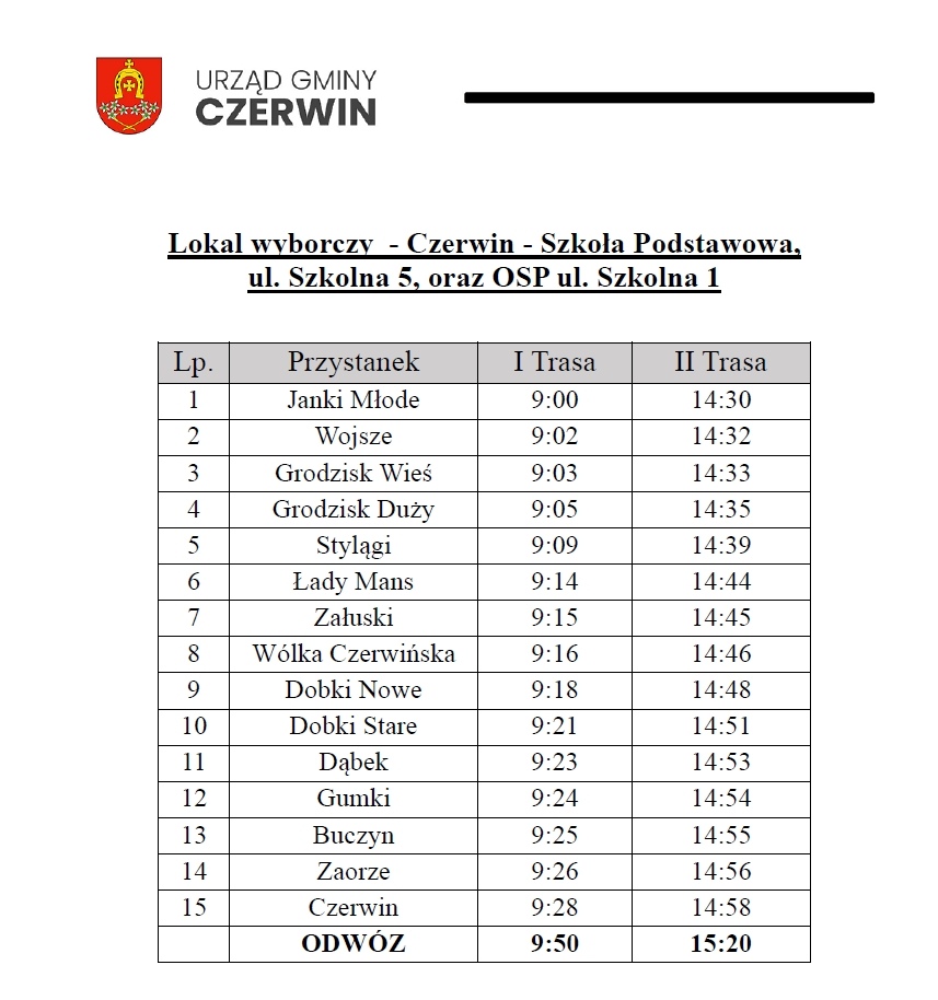 Bezpłatny transport do lokali wyborczych w gminie Czerwin - rozkład jazdy [18.05.2025] - zdjęcie #7 - eOstroleka.pl