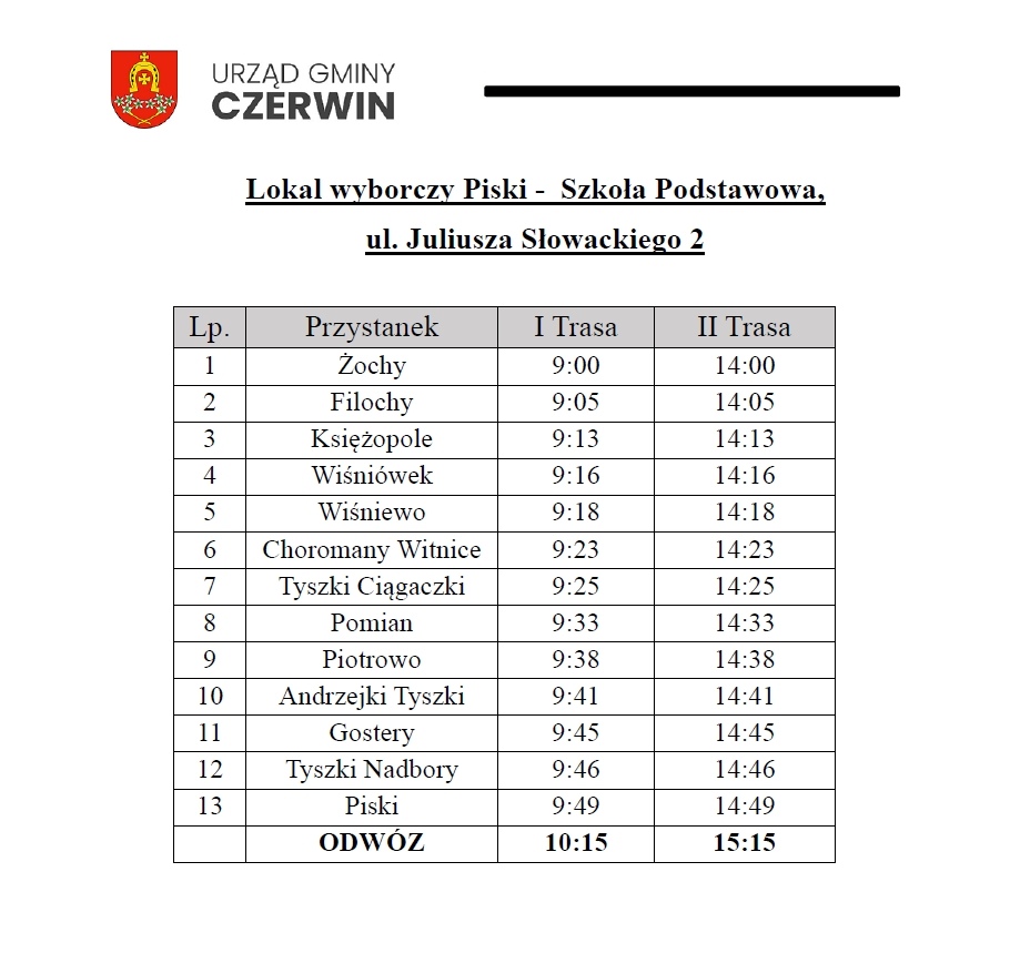 Bezpłatny transport do lokali wyborczych w gminie Czerwin - rozkład jazdy [18.05.2025] - zdjęcie #1 - eOstroleka.pl