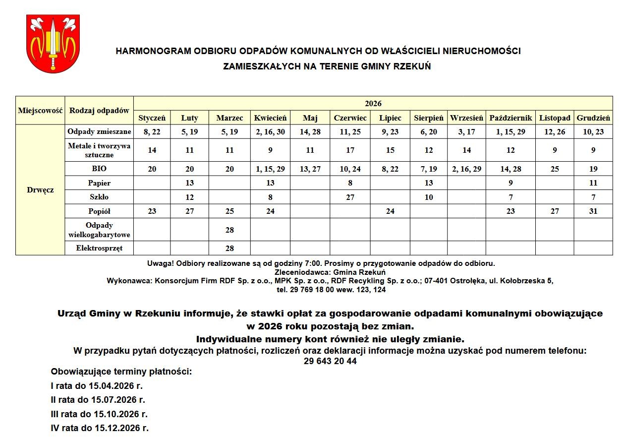 Harmonogramy odbioru odpadów komunalnych gminie Rzekuń 2026 - zdjęcie #14 - eOstroleka.pl