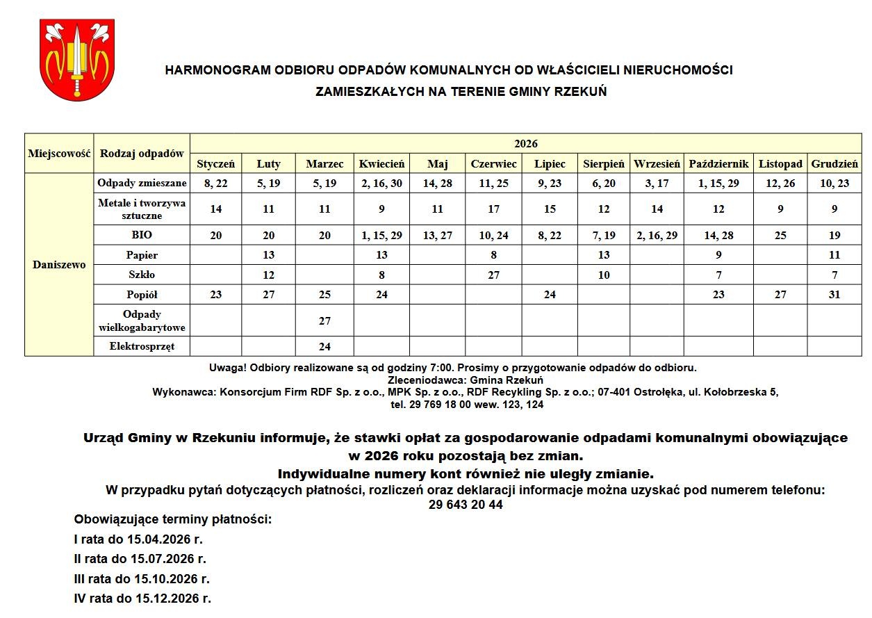 Harmonogramy odbioru odpadów komunalnych gminie Rzekuń 2026 - zdjęcie #9 - eOstroleka.pl