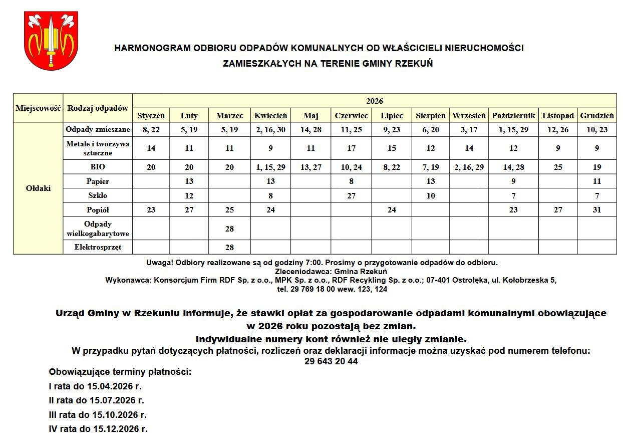 Harmonogramy odbioru odpadów komunalnych gminie Rzekuń 2026 - zdjęcie #2 - eOstroleka.pl