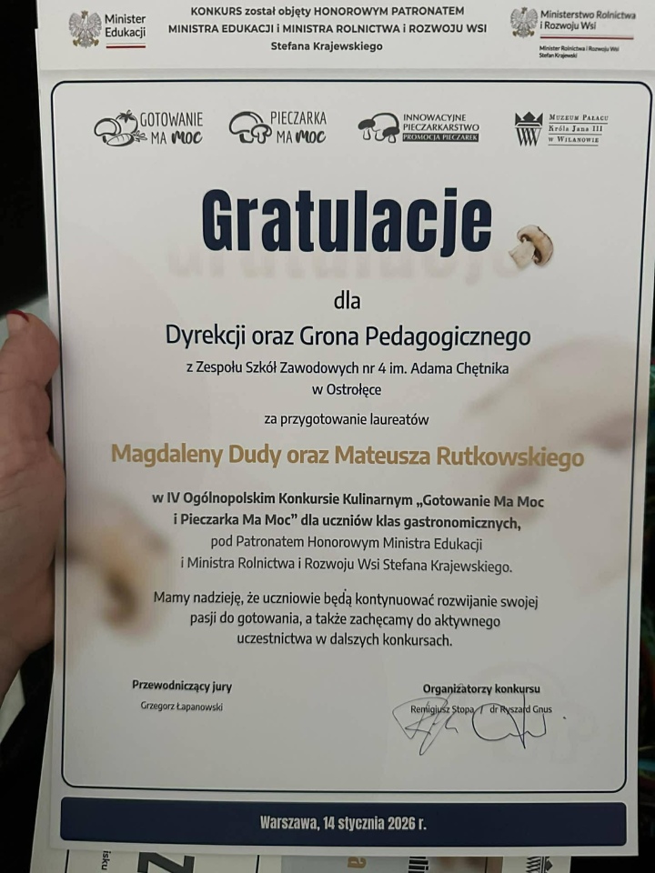 Zwycięstwo uczniów ZSZ nr 4 w ogólnopolskim konkursie kulinarnym fot. ZSZ nr 4 [14.01.2026] - zdjęcie #23 - eOstroleka.pl